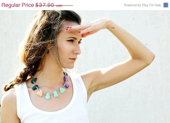 SUMMER SALE Clay Gem Statement Necklace, Polymer Clay Necklace in Emerald Peach Mint Purple, Gem Candy Collection
