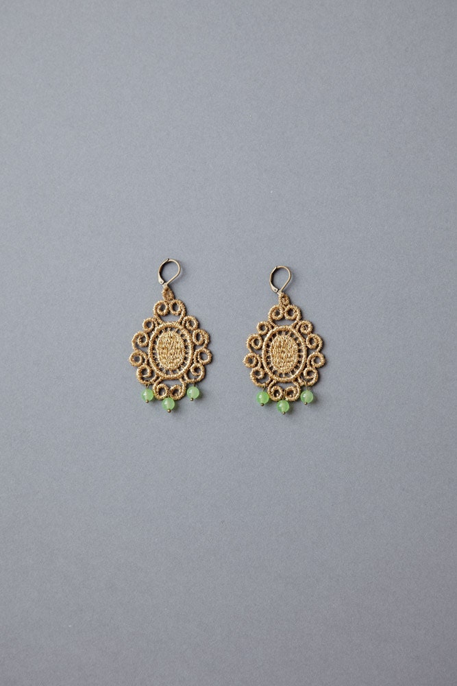 grandeur gold chandelier earrings with green jades