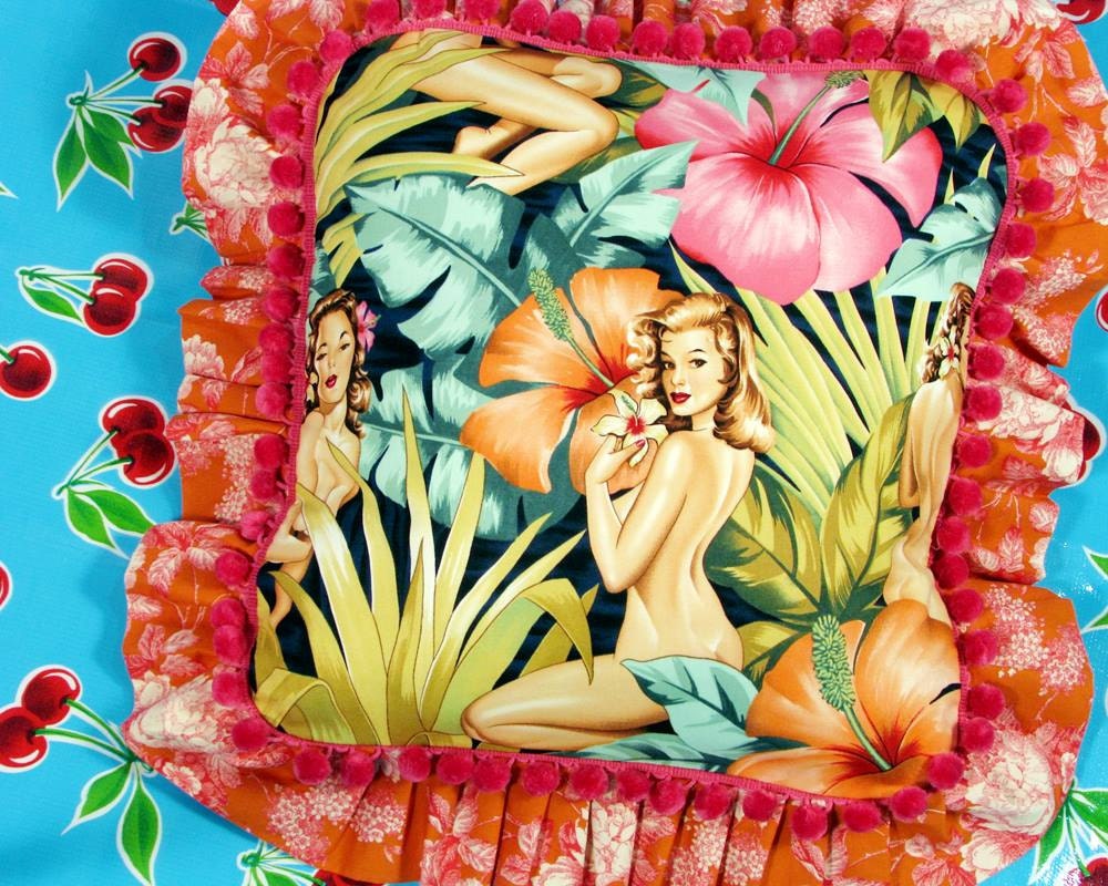 Tiki Pinup Pillow Cover Hawaiian Island Tropical Rockabilly 16 X 16 with Pom Poms and Ruffle
