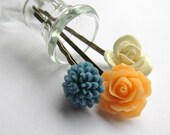 Flower hair pins, shabby chic style, slate blue, creamy linen and nectarine-  Pantone's 2013 Spring
