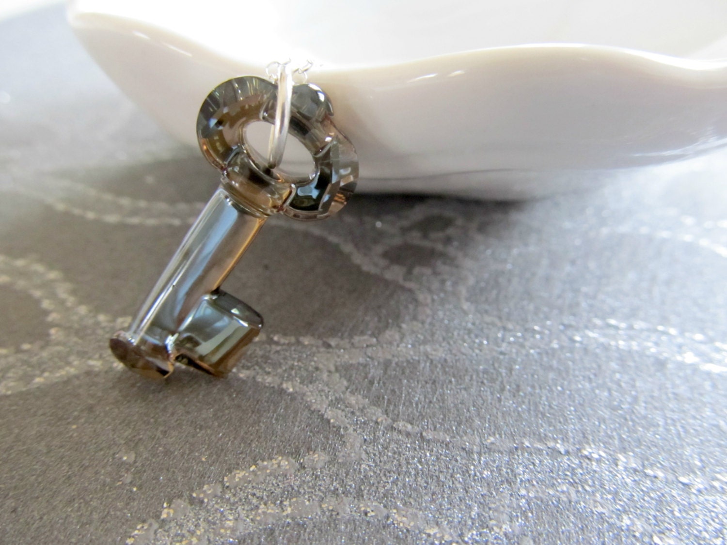 Swarovski crystal pendant skeleton key in crystal silver shade, Yoko Ono Key to Open the forest design, limited edition crystal necklace