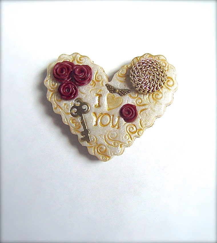 Vintage Style (I Love You) Heart Magnet, Antiqued Heart with Roses, Token of Love Gift, Sentimental Gift