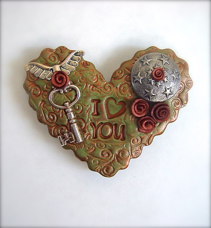 Rustic Vintage Chic I Love You Heart Magnet in Spanish Olive and Copper