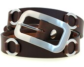 1 1/8"  Women's Fashion Belt Ultra Soft West Tan Brown Buffalo Leather Brushed Gun Metal Rings And Matching Over-Sized Buckle Made In USA