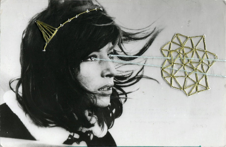 Sewn Photography Art / Embroidered Photograph of a  Woman / Geometric Weird/ The Look