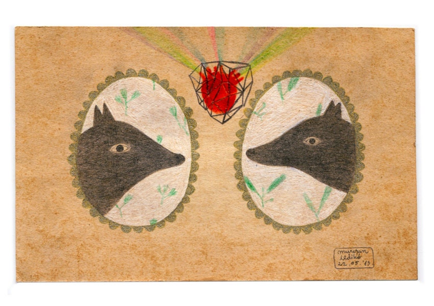 Two Dogs Drawing on a Vintage Paper / Heart, Love / Our Hearts Are One