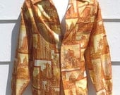 Vintage 1970's "Lancer" 100% Polyester Disco Shirt w/Architectural Illustrations - sz Extra Large