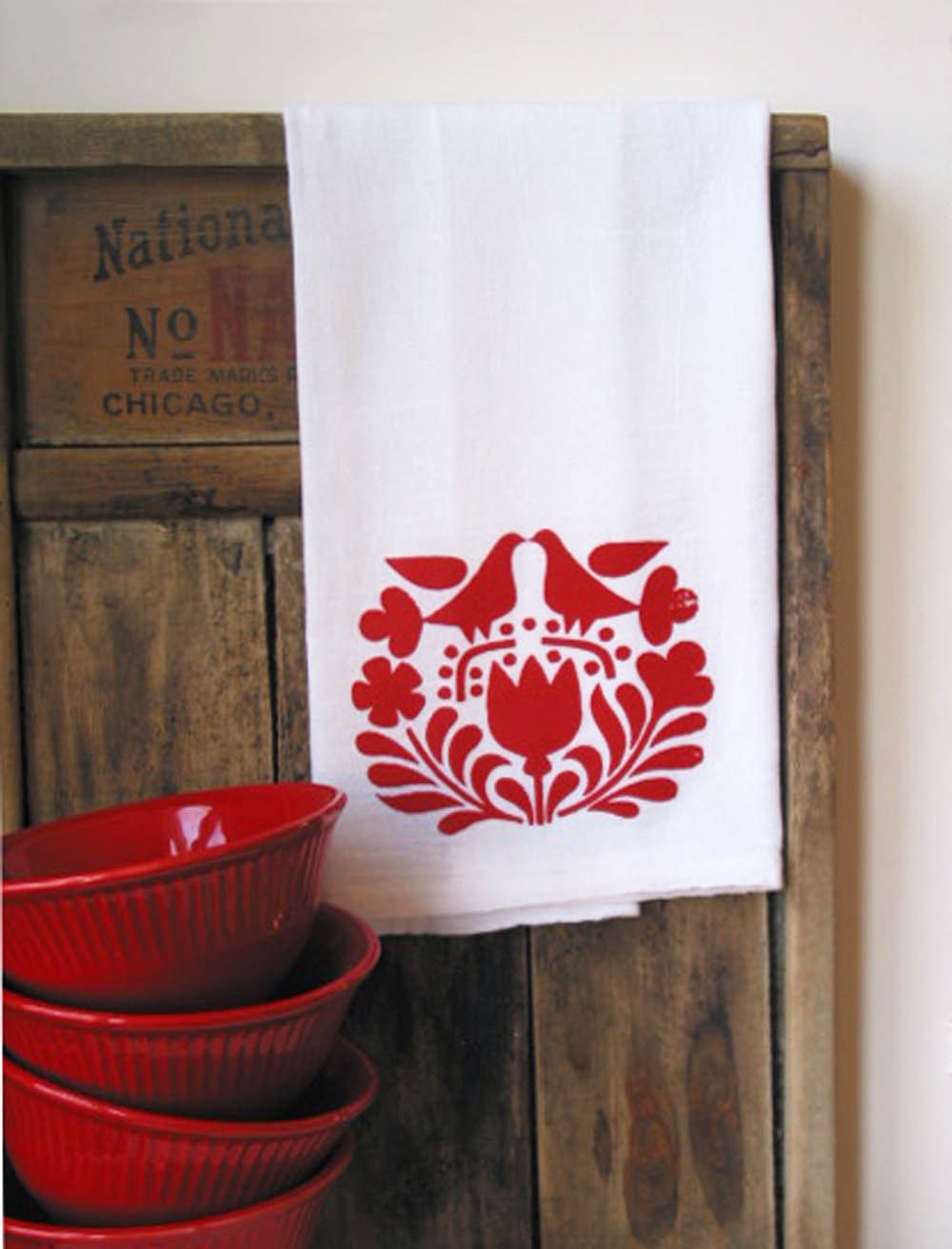 Red Scandinavian Print Kitchen Towel Hostess Housewarming Wedding Gift
