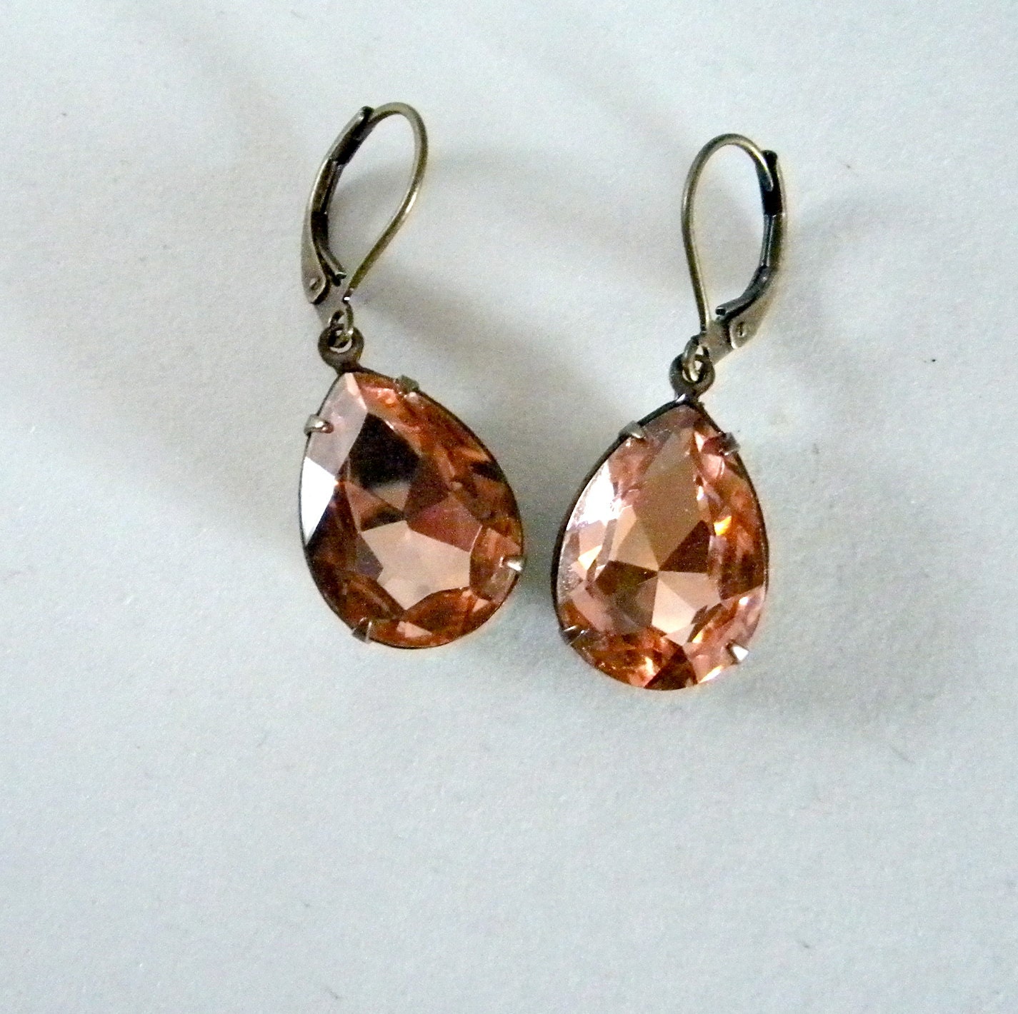 Peach Glass Earrings.  Aged Brass.  Vintage Style.