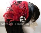 Ruby Red peacock feather fascinator - REIA design - CHOOSE  headband, comb, elastic band, or hair clip - CUSTOM COLORavailable