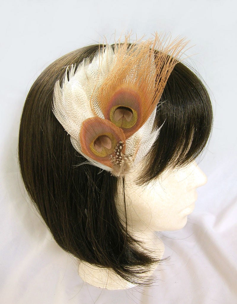 Oat White feather fascinator - Emma Design with two mauve pink peacock feathers - CHOOSE  headband, hair clip, or comb