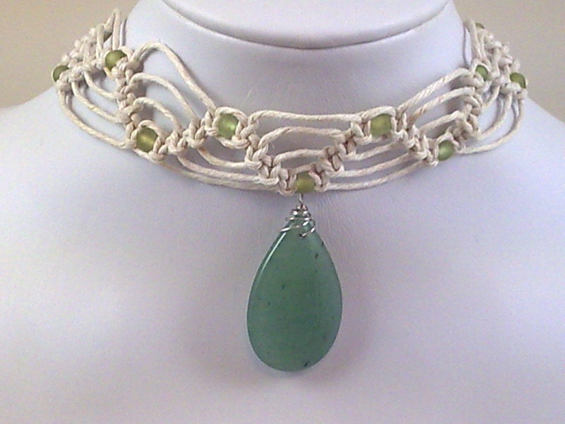 Kids White Hemp Choker with Green Aventurine Gemstone Teardrop Pendant and Olivine Glass Beads