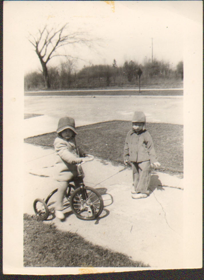 Going to Town Vintage Photo of a Little Boy and Girl Riding a Tricycle