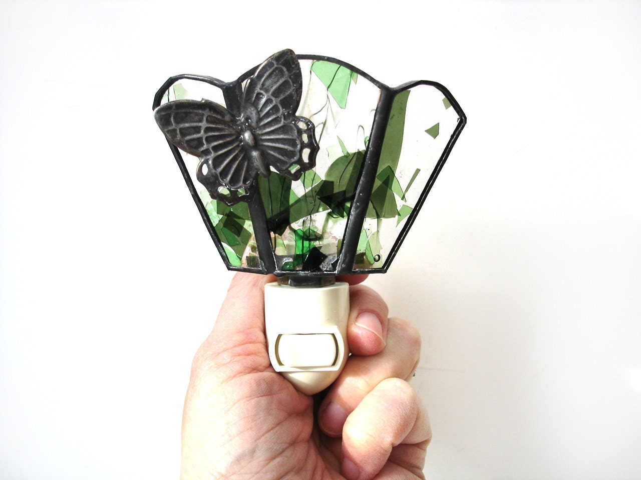 Stained glass butterfly night light spring home decor emerald green