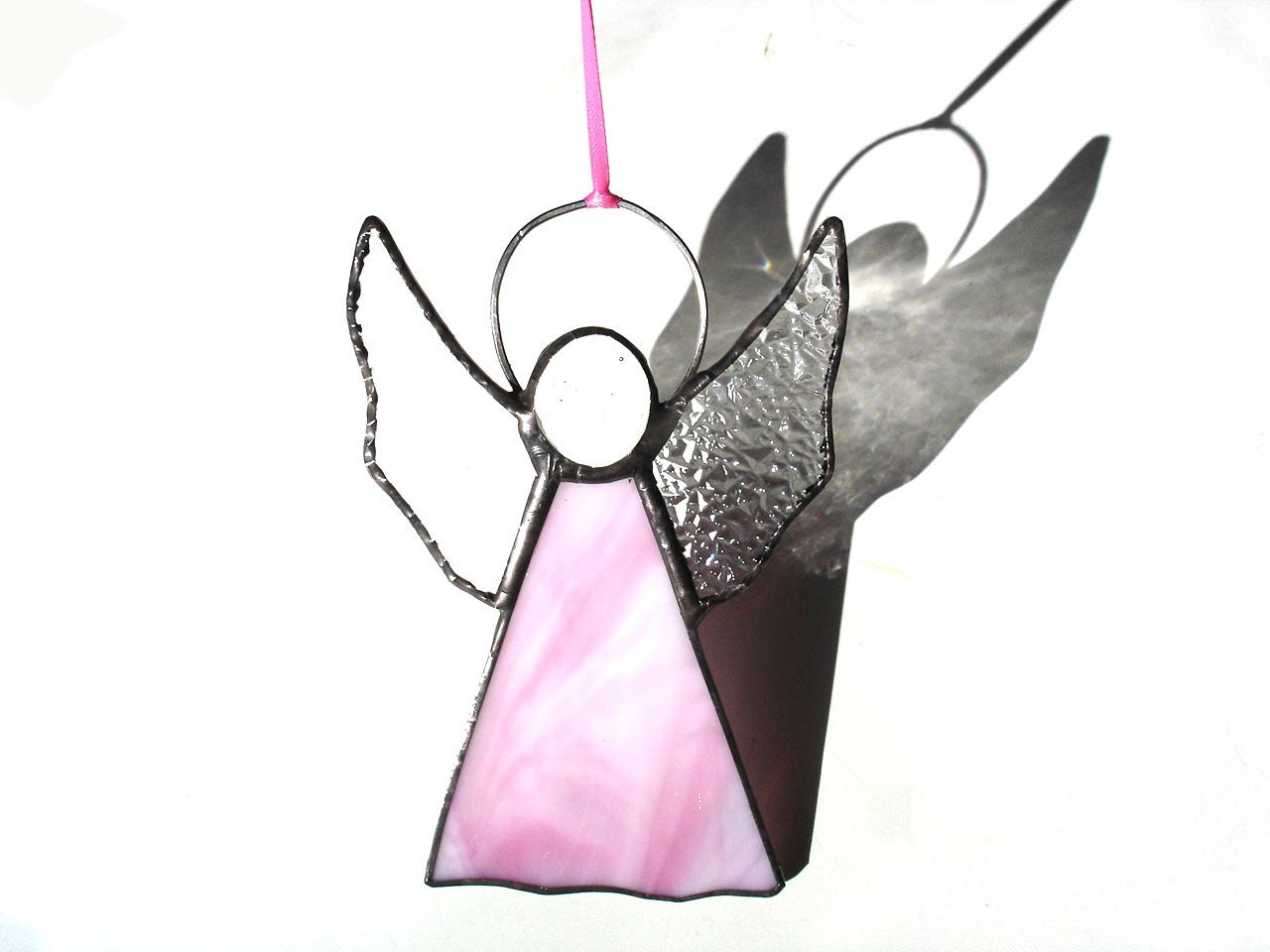 Stained glass angel ornament pink hanging suncatcher religious faith gift under 25