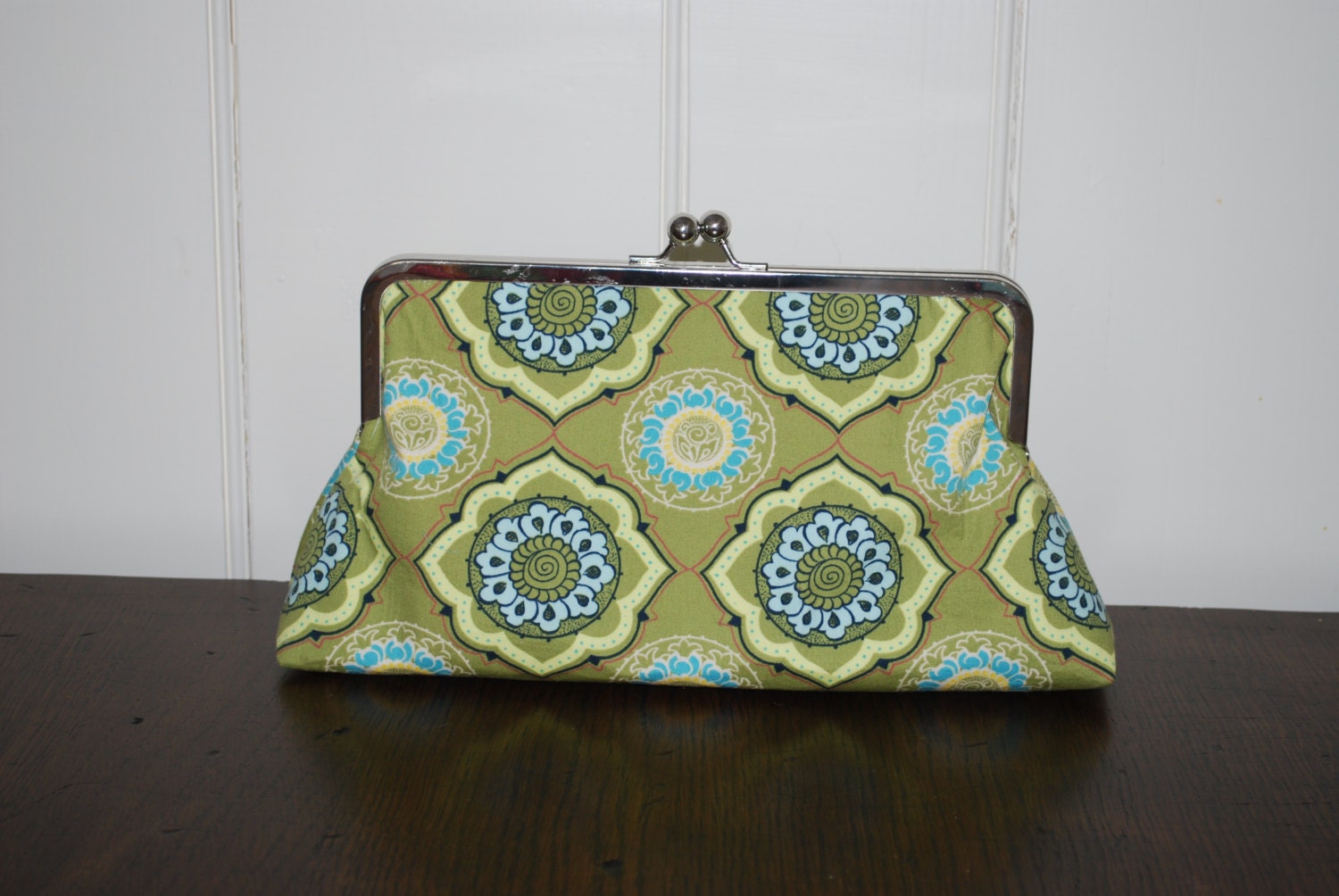 Olive Green, Blue, Geometrical Patterned Clutch Handbag