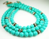 Vintage Aqua Blue Three Strand Faceted Lucite Rhinestone Rondelle Bead Necklace