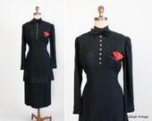 Vintage 1930s Dress : 30s Black Crepe Dramatic Entrance Dress