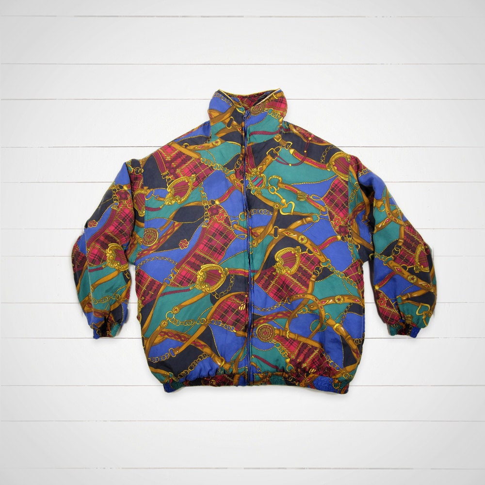 80s Vintage Silk Bomber Jacket / Women's Chain Print Silk Jacket / Hipster Urban Outfitters Style