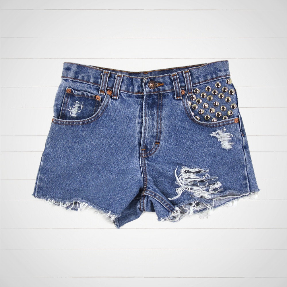Studded Shorts / High Waisted Denim Shorts Cut Offs / 27 Waist / Hipster Urban Outfitters Style