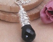 Necklace Wire Wrapped Black Obsidian Teardrop on Sterling Silver Chain