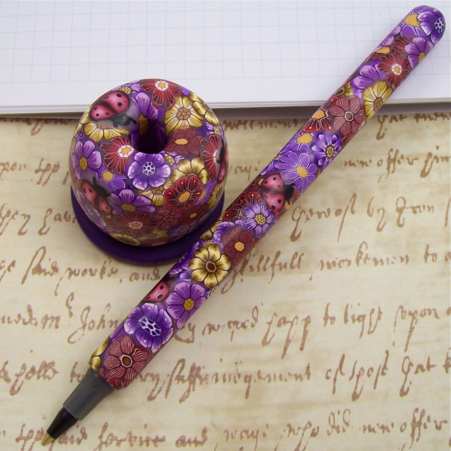 Handmade Polymer Clay Pen with Pen Holder