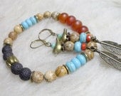 Semi Precious Stone Earrings and Bracelet Set. Gemstone Jewellery Set. Jasper Earrings. Multicolour Stone Earrings Charm Earrings Beaded Set