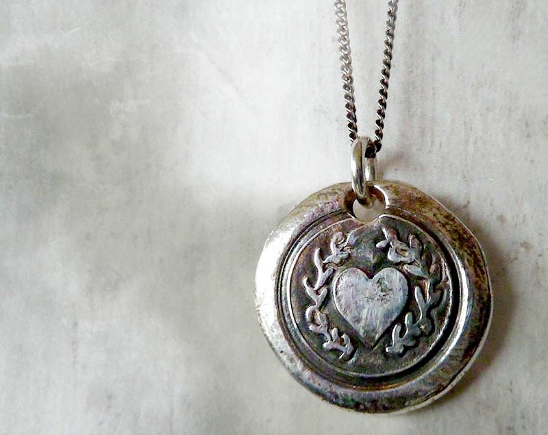 Laurel Heart. Wax Seal Necklace. Fine Silver Victorian Style Wax Seal Artisan Jewelry. Love Symbol. Sterling Chain - RenataandJonathan