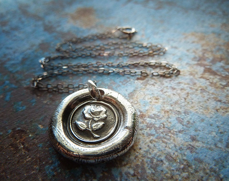 Victorian English Rose. Wax Seal Necklace. Fine Silver Victorian Style Jewelry