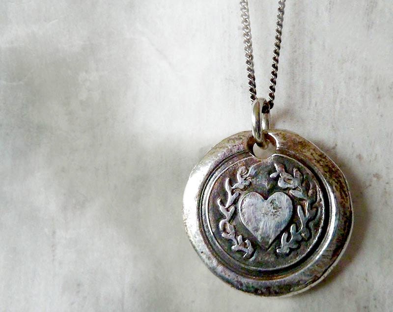 Laurel Heart. Wax Seal Necklace. Fine Silver Victorian Style. Wax Seal Artisan Jewelry. Love Symbol. Sterling Chain