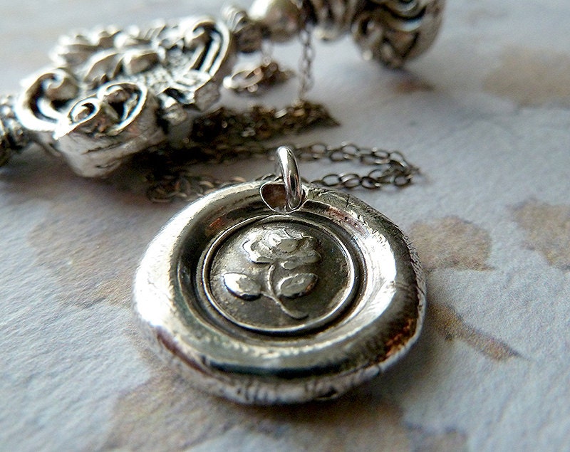 English Tudor Rose Wax Seal Necklace. Wax Seal Jewelry. Recycled Fine Silver. Great Gift for Bridesmaids