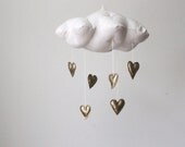 Gold Heart Cloud Mobile- modern fabric sculpture for baby nursery decor in white linen and metallic faux gold leather