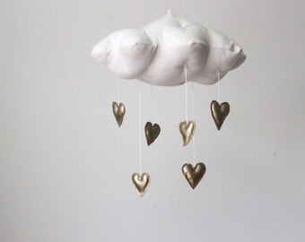 Gold Heart Cloud Mobile- modern fabric sculpture for baby nursery decor in white linen and metallic faux gold leather