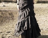 LONG HEMP SKIRT -  Wrap around Ruffle - Hippie Boho Eco Organic Woodland Steampunk Gothic - Black with lace border