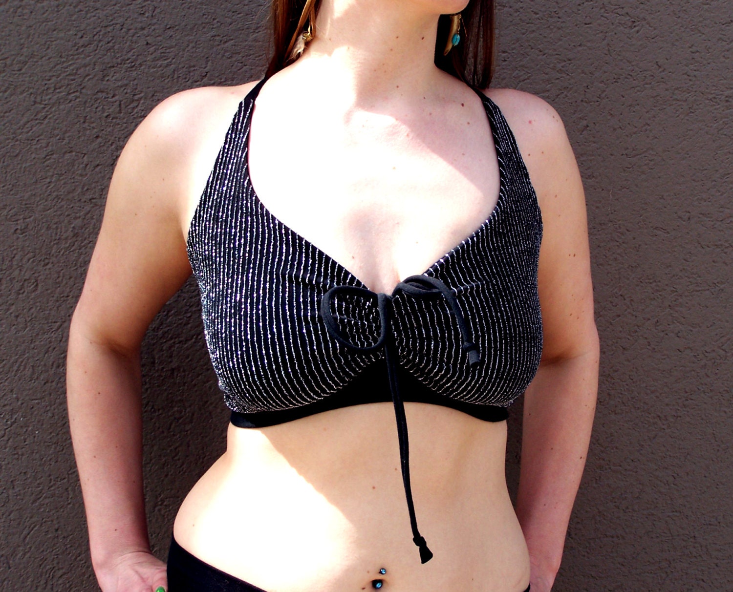 No Bra Required Black With Silver Metallic  Pin Stripes Lace Up the Back Succula Shirt