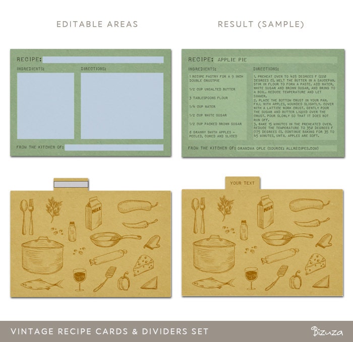 Printable Recipe Cards and Recipe Box Dividers, 4x6, Editable PDF, Instant Download