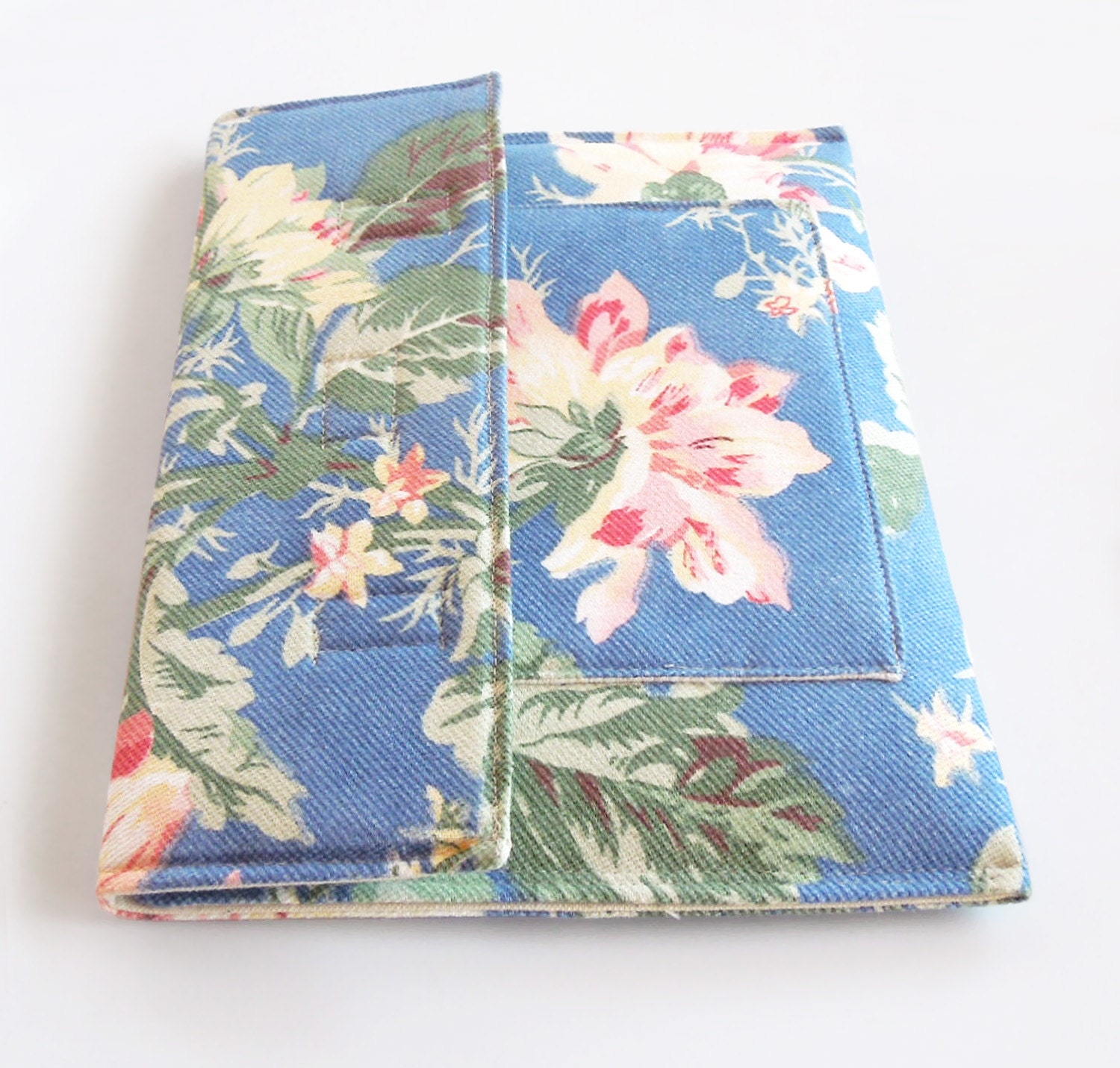 iPad 3 case iPad 2 cover iPad sleeve with pocket - Blue with pink peach flowers (Ready to ship)