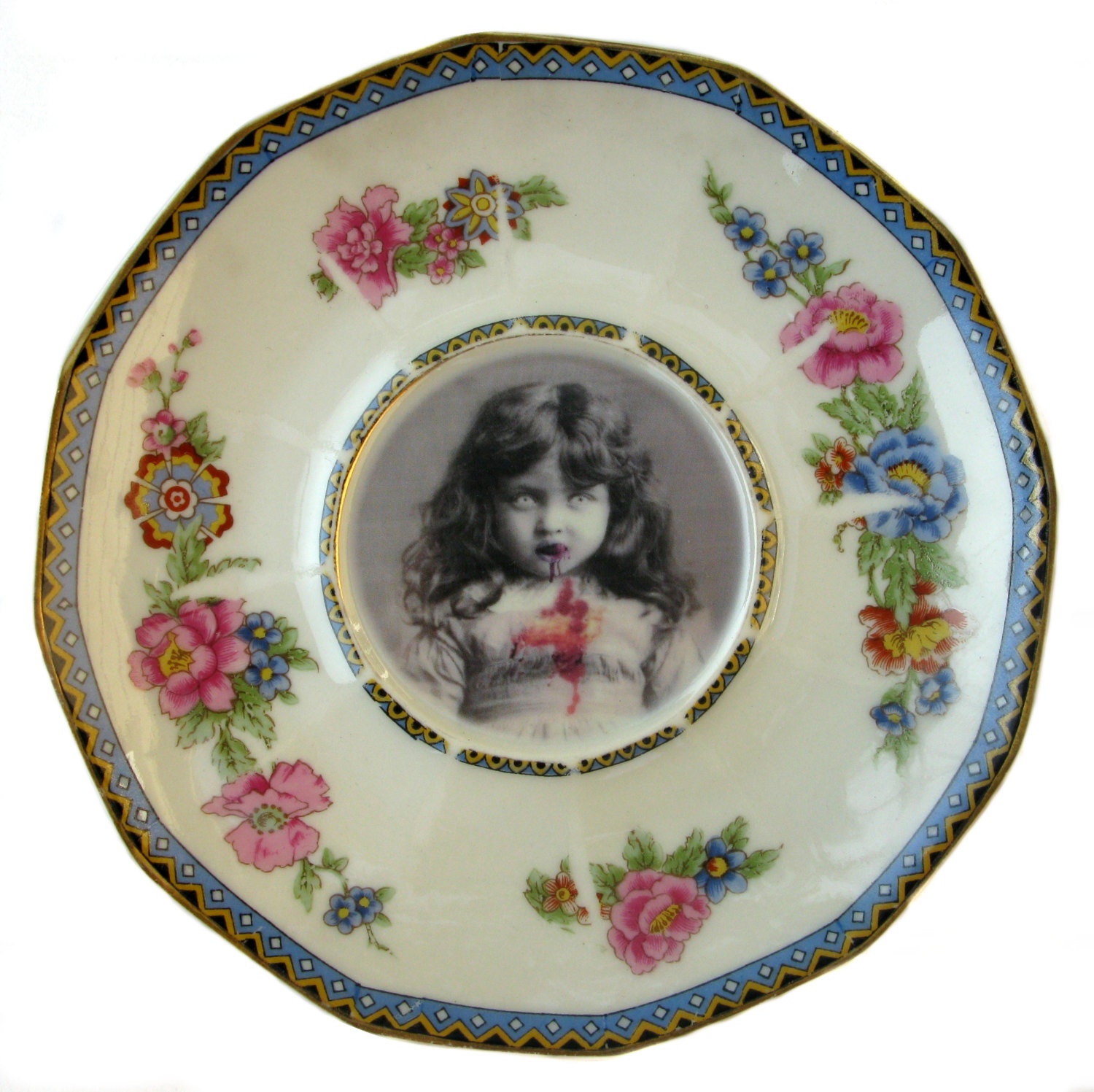 SALE - Lucy, Zombie Girl - Altered Vintage Tea Cup Saucer Plate