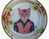 Tommy Cat School Portrait - Altered Vintage Plate, 6.25"