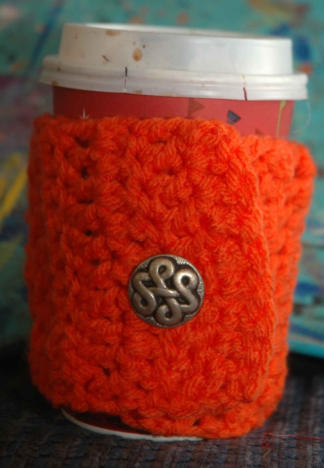Orange Crochet cozy sleeve for take out coffee cup