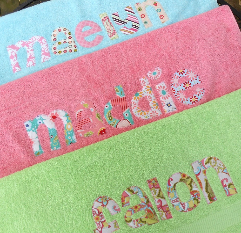 Personalized Beach Towel - NEW ITEM-  appliqued name -  36x69  Choose Fabric and Towel Color -  beach,bath,pool,birthday,Graduation
