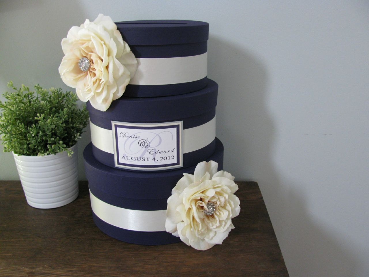 Lapis Purple Glam Wedding Card Box 3 tiered Ivory Ribbon, Ivory Roses, Rhinestones and personalized tag You Customize Colors and Flowers