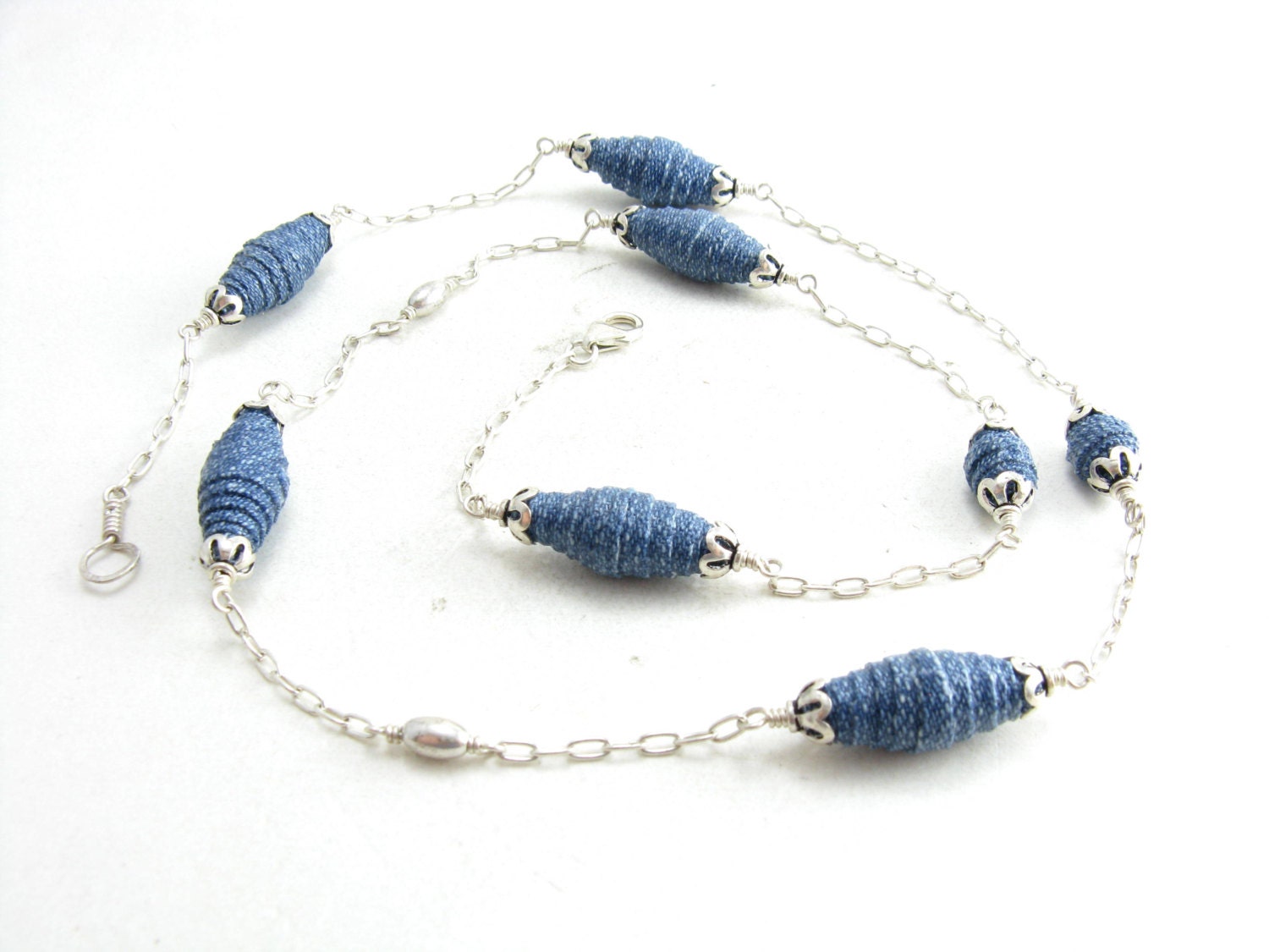 Upcycled Denim Jean Beads Necklace Sterling Silver Chain Handmade Denim Jean Jewelry