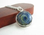 Sterling Silver Artisan Glass Pendant Necklace Handmade Metalwork Jewelry Blue Swirl Glass