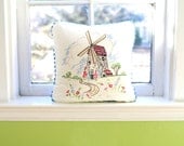 Windmill Embroidery Decorative Pillow - Vintage Textile- Shabby Chic Home Decor - Recycled Shirt Back- Includes Insert