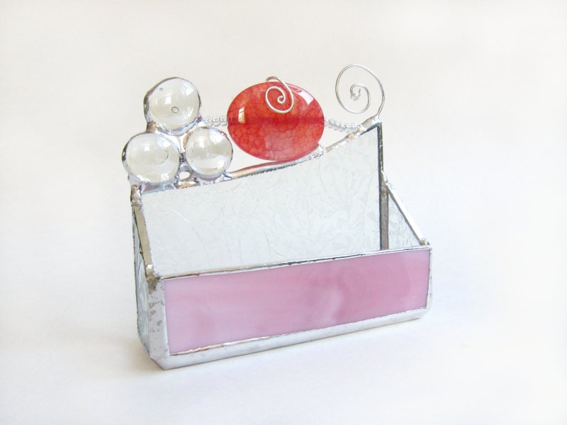 Business Card Holder Hot Pink Agate Bead Stained Glass Geode Handmade OOAK 247