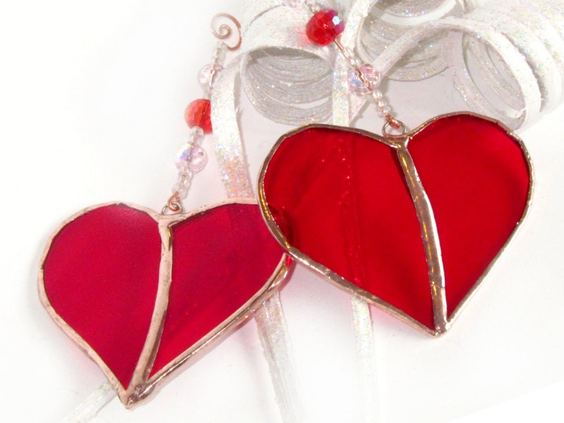 Two Stained Glass Heart Sun Catcher Red Handmade OOAK