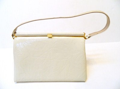 Vintage Ivory White Patent Leather Chic Handbag Clutch Formal Elegance