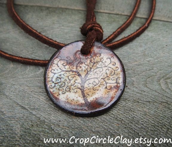 Gift for Him TREE OF LIFE Ceramic Pendant Tree Spiral Branches Rustic Earthy Carmel Cream Sepia brown, Dark Brown Suede Leather Cord