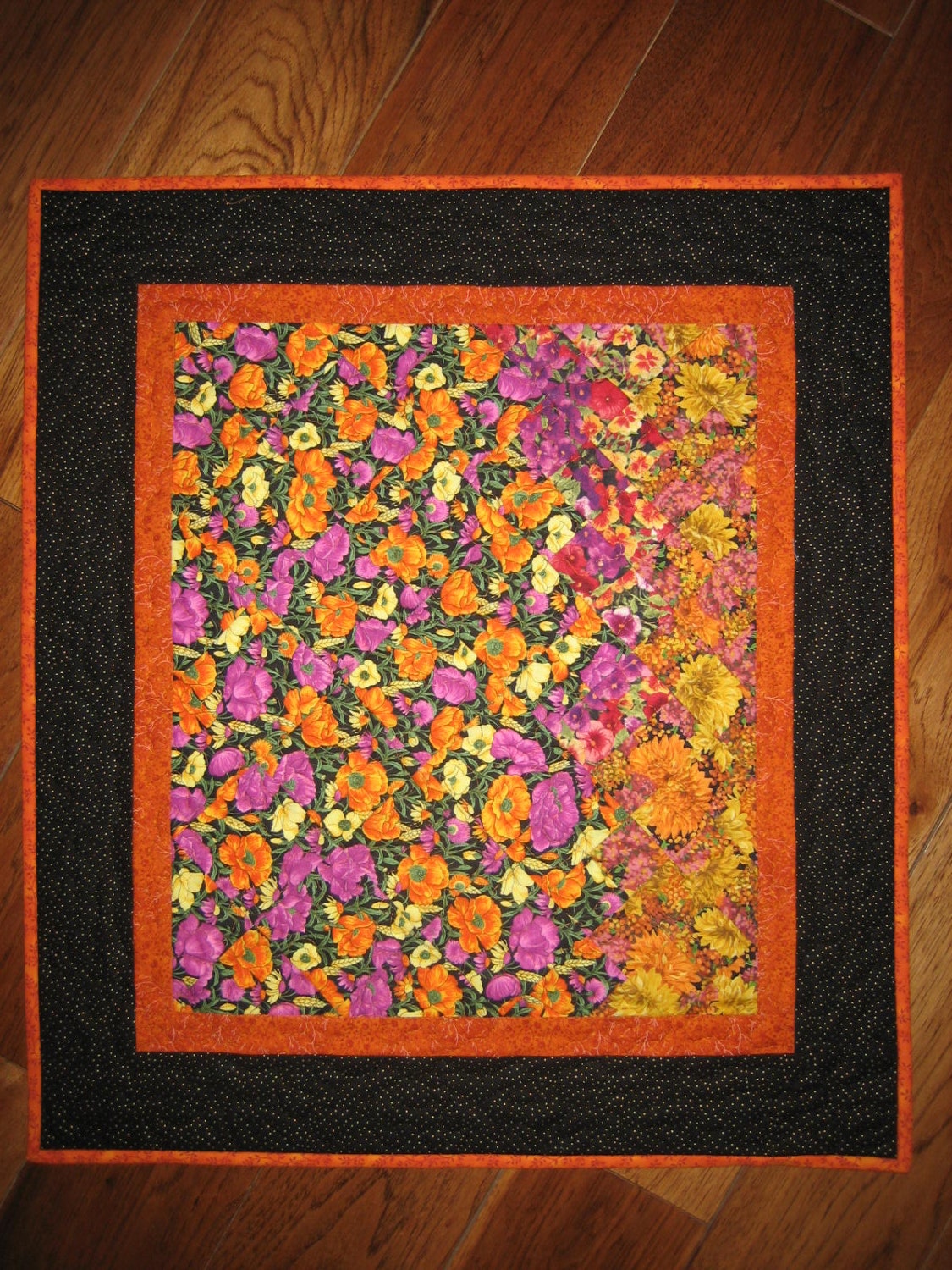 Art Quilt, Orange & Purple Blossoms Wall Hanging